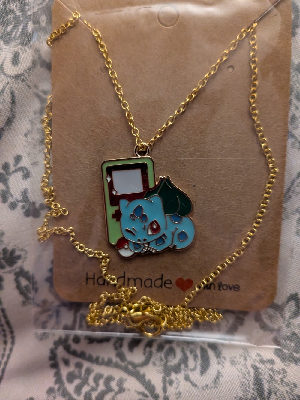 Handmade Gold-Tone Blue Bulbasaur Game Necklace